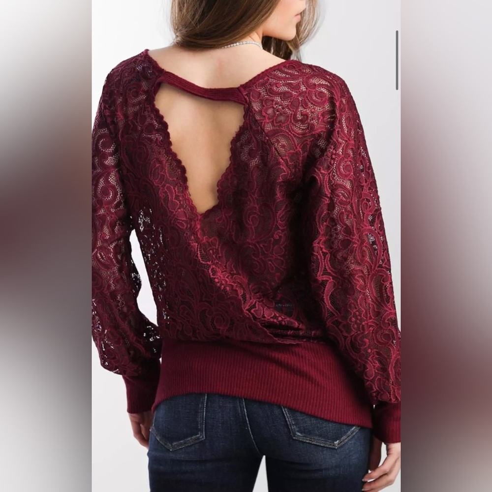 Daytrip Burgundy Lace Open-Back Blouse